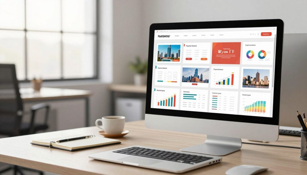 A modern and sleek office environment showcasing a computer screen displaying an array of colorful slide templates and design themes for PowerPoint presentations. In the foreground, an open laptop with vibrant visual elements such as charts, graphs, and images, reflecting professional design aesthetics. The middle ground features a stylish desk with a notepad and a cup of coffee, suggesting an active workspace. In the background, large windows let in soft morning light, creating a bright and inspiring atmosphere. The overall mood is professional yet creative, emphasizing the importance of utilizing templates and themes in effective slide design. The image captures an inviting workspace that encourages productivity and innovative thinking in presentation design. A modern and sleek office environment showcasing a computer screen displaying an array of colorful slide templates and design themes for PowerPoint presentations. In the foreground, an open laptop with vibrant visual elements such as charts, graphs, and images, reflecting professional design aesthetics. The middle ground features a stylish desk with a notepad and a cup of coffee, suggesting an active workspace. In the background, large windows let in soft morning light, creating a bright and inspiring atmosphere. The overall mood is professional yet creative, emphasizing the importance of utilizing templates and themes in effective slide design. The image captures an inviting workspace that encourages productivity and innovative thinking in presentation design.