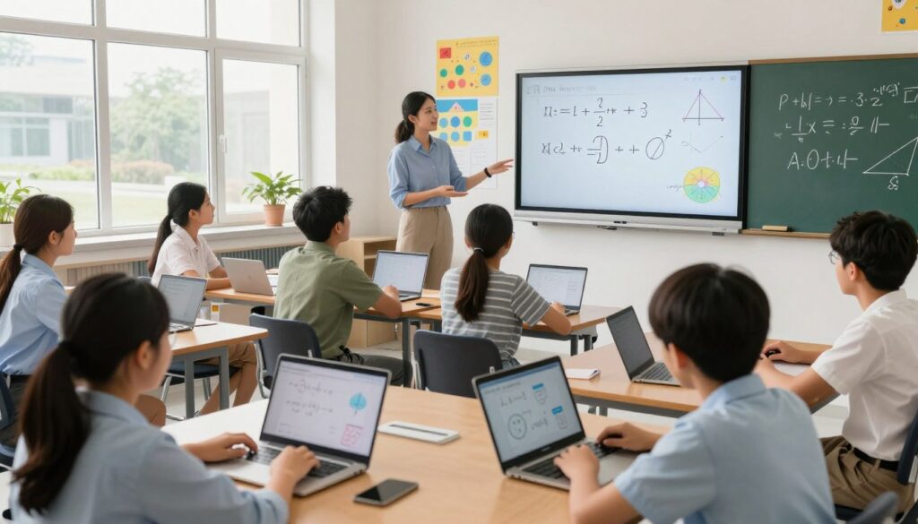 A modern classroom filled with students learning mathematics through technology. In the foreground, a diverse group of middle school students, focused and engaged, are working with tablets and laptops, comparing results. In the middle ground, a teacher guides the class, standing beside an interactive whiteboard displaying colorful math equations and graphs. The background shows windows letting in bright, natural light, illuminating the room and creating a cheerful atmosphere. The classroom has colorful posters related to math concepts adorning the walls. The scene is shot from a slightly elevated angle, capturing the collaborative spirit and interactive nature of learning. The overall mood is inspiring and dynamic, emphasizing innovation in education. A modern classroom filled with students learning mathematics through technology. In the foreground, a diverse group of middle school students, focused and engaged, are working with tablets and laptops, comparing results. In the middle ground, a teacher guides the class, standing beside an interactive whiteboard displaying colorful math equations and graphs. The background shows windows letting in bright, natural light, illuminating the room and creating a cheerful atmosphere. The classroom has colorful posters related to math concepts adorning the walls. The scene is shot from a slightly elevated angle, capturing the collaborative spirit and interactive nature of learning. The overall mood is inspiring and dynamic, emphasizing innovation in education.