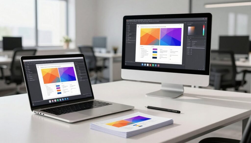A modern office workspace showcasing advanced PowerPoint editing tools. In the foreground, a sleek laptop is open, displaying a vibrant presentation design with various editing features visible on the screen. A stylus and stack of design templates lie next to the laptop. In the middle, a stylish office desk with minimalistic design holds a desktop monitor featuring advanced graphic elements and layout options. The background consists of a bright, open office with large windows, allowing natural light to illuminate the space, enhancing the professional atmosphere. Soft shadows add depth. The mood is inspiring and productive, perfect for fostering creativity in presentations, emphasizing innovation in design tools. A modern office workspace showcasing advanced PowerPoint editing tools. In the foreground, a sleek laptop is open, displaying a vibrant presentation design with various editing features visible on the screen. A stylus and stack of design templates lie next to the laptop. In the middle, a stylish office desk with minimalistic design holds a desktop monitor featuring advanced graphic elements and layout options. The background consists of a bright, open office with large windows, allowing natural light to illuminate the space, enhancing the professional atmosphere. Soft shadows add depth. The mood is inspiring and productive, perfect for fostering creativity in presentations, emphasizing innovation in design tools.