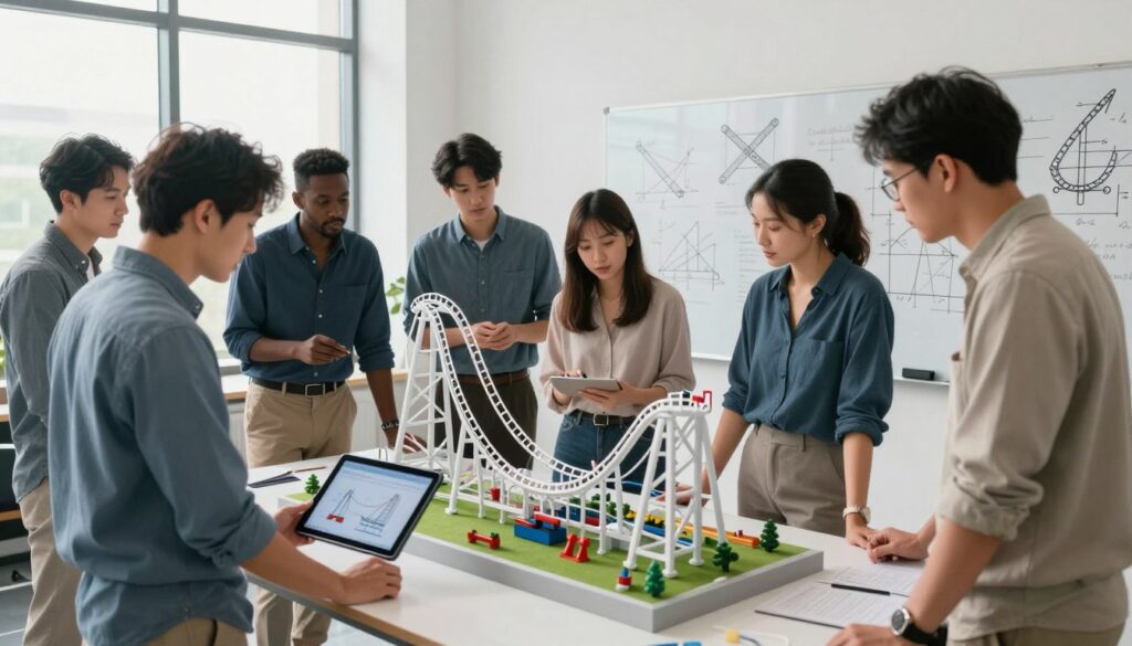 A modern workspace showcasing practical applications of mechanics in various projects. In the foreground, a diverse group of professionals, dressed in smart casual attire, analyzes a dynamic model of a roller coaster on a digital tablet, showcasing concepts of motion and forces. In the middle ground, a whiteboard filled with diagrams and calculations illustrates principles of mechanics like levers and pulleys. The background features large windows allowing natural light to flood in, enhancing the collaborative atmosphere. The scene is captured from a slightly elevated angle, offering a broad perspective of the engaged team. Soft shadows create a balanced, inviting mood, emphasizing teamwork and innovation in the field of motion science.