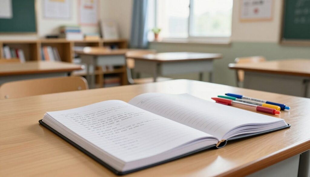 A neatly organized teacher's desk in a bright, inviting classroom, featuring a closed journal filled with neatly written entries and an array of vibrant colorful pens beside it. In the foreground, focus on the journal with its pages slightly open, revealing an orderly entry about student progress. The middle layer shows a soft, sunlit classroom with bookshelves filled with educational resources and motivational posters on the walls. In the background, a large window allows natural light to flood the space, creating a warm atmosphere of productivity and professionalism. The mood is calm and inspiring, emphasizing systematics and reliability in record-keeping. The perspective is slightly above the desk, capturing the essence of a dedicated teaching environment. A neatly organized teacher's desk in a bright, inviting classroom, featuring a closed journal filled with neatly written entries and an array of vibrant colorful pens beside it. In the foreground, focus on the journal with its pages slightly open, revealing an orderly entry about student progress. The middle layer shows a soft, sunlit classroom with bookshelves filled with educational resources and motivational posters on the walls. In the background, a large window allows natural light to flood the space, creating a warm atmosphere of productivity and professionalism. The mood is calm and inspiring, emphasizing systematics and reliability in record-keeping. The perspective is slightly above the desk, capturing the essence of a dedicated teaching environment.