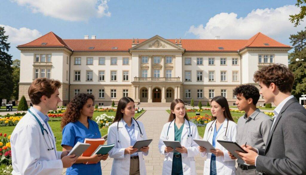 A picturesque view of the Medical Faculty at Opole University, showcasing the impressive architecture of the building with modern design elements blended with traditional styles. In the foreground, a group of diverse students in professional attire engaged in discussion, holding medical textbooks and digital tablets. The mid-ground features a well-maintained garden with colorful flowers and pathways leading to the entrance of the faculty. The background includes a clear blue sky and clouds, with sunlight illuminating the scene to create a bright and inviting atmosphere. The image captures a sense of enthusiasm and ambition, reflecting the vibrancy of medical studies at this esteemed university. Use a wide-angle lens for depth and clarity, emphasizing the peaceful yet dynamic environment. A picturesque view of the Medical Faculty at Opole University, showcasing the impressive architecture of the building with modern design elements blended with traditional styles. In the foreground, a group of diverse students in professional attire engaged in discussion, holding medical textbooks and digital tablets. The mid-ground features a well-maintained garden with colorful flowers and pathways leading to the entrance of the faculty. The background includes a clear blue sky and clouds, with sunlight illuminating the scene to create a bright and inviting atmosphere. The image captures a sense of enthusiasm and ambition, reflecting the vibrancy of medical studies at this esteemed university. Use a wide-angle lens for depth and clarity, emphasizing the peaceful yet dynamic environment.