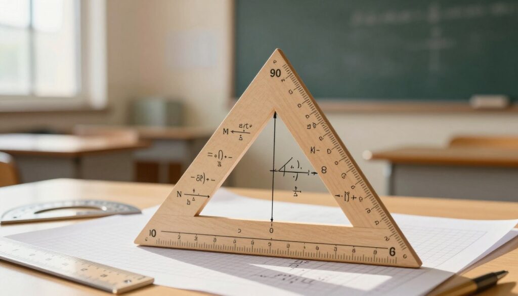 A practical application of an isosceles right triangle, featuring clear geometric shapes prominently in the foreground. The triangle should be well-defined, with one angle at 90 degrees, illustrating various calculated areas and measurements, subtly overlaid with mathematical symbols and formulas. In the middle ground, a well-organized workspace displaying tools like a ruler, protractor, and graph paper complements the triangle, suggesting an educational environment. The background includes a softly blurred classroom setting with a chalkboard, enhancing a scholarly atmosphere. The scene is illuminated with warm, natural light filtering through a window, casting gentle shadows and creating a focused, inspiring mood. The overall composition should be professional and visually engaging, capturing the essence of practical applications in geometry.