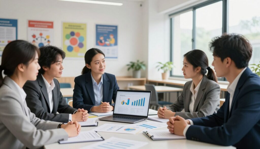 A professional and informative scene illustrating the key arguments for extending the educational stage. In the foreground, a diverse group of four individuals, dressed in smart business attire, engaged in a productive discussion over a table filled with documents and educational materials. In the middle, an open laptop displays charts and graphs, highlighting statistics related to education extension. The background features a modern classroom setting with educational posters on the walls and a large window allowing natural light to pour in, creating a warm and inviting atmosphere. The mood is collaborative and focused, with an emphasis on innovation and the importance of education. The image should capture the essence of thoughtful dialogue about the value of prolonged educational periods. A professional and informative scene illustrating the key arguments for extending the educational stage. In the foreground, a diverse group of four individuals, dressed in smart business attire, engaged in a productive discussion over a table filled with documents and educational materials. In the middle, an open laptop displays charts and graphs, highlighting statistics related to education extension. The background features a modern classroom setting with educational posters on the walls and a large window allowing natural light to pour in, creating a warm and inviting atmosphere. The mood is collaborative and focused, with an emphasis on innovation and the importance of education. The image should capture the essence of thoughtful dialogue about the value of prolonged educational periods.