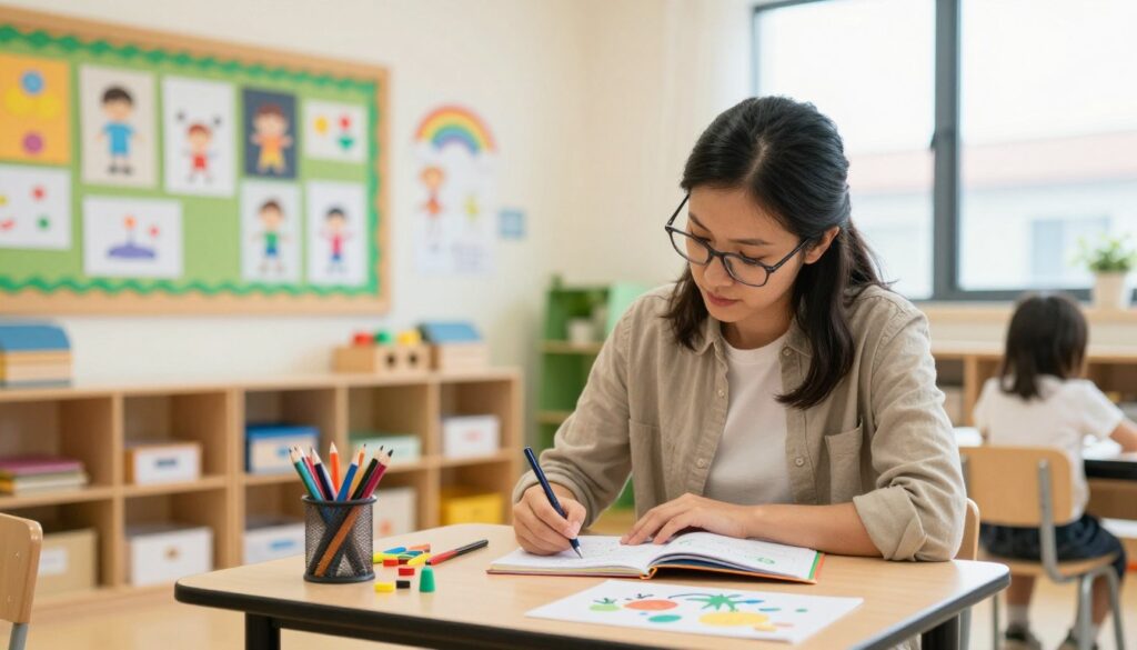 A professional, bright classroom scene featuring a teacher of inclusive education engaged in writing in a colorful teacher’s diary. In the foreground, a focused teacher, dressed in modest casual clothing, with glasses, is seated at a small desk covered with art supplies and children's drawings. The middle ground showcases playful classroom decorations and a bulletin board displaying children's artwork and educational posters. In the background, soft natural light streams through large windows, illuminating the warm, inviting atmosphere of the preschool. The mood is nurturing and inspiring, emphasizing the importance of documenting a teacher’s reflections and insights in fostering an inclusive learning environment. A professional, bright classroom scene featuring a teacher of inclusive education engaged in writing in a colorful teacher’s diary. In the foreground, a focused teacher, dressed in modest casual clothing, with glasses, is seated at a small desk covered with art supplies and children's drawings. The middle ground showcases playful classroom decorations and a bulletin board displaying children's artwork and educational posters. In the background, soft natural light streams through large windows, illuminating the warm, inviting atmosphere of the preschool. The mood is nurturing and inspiring, emphasizing the importance of documenting a teacher’s reflections and insights in fostering an inclusive learning environment.