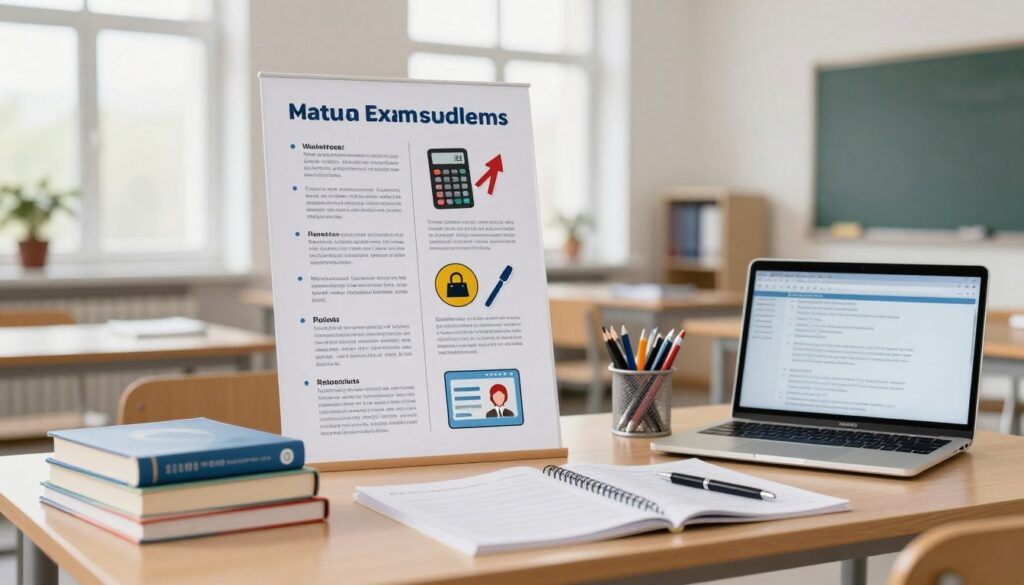 A professional office setting showcasing a detailed and colorful infographic on the guidelines for high school exams in Poland, focusing specifically on what can be brought to the Matura exams. In the foreground, a neatly organized desk with study materials, including textbooks, stationery, and a laptop displaying relevant documents. In the middle, an elegant poster illustrating the rules and items allowed during the Matura exam, such as calculators, pens, and ID, with icons and bullet points laid out clearly. The background features a bright, airy classroom with natural light streaming through large windows, creating an inviting atmosphere for study. The overall mood is focused and informative, aiming to inspire students preparing for their exams. A professional office setting showcasing a detailed and colorful infographic on the guidelines for high school exams in Poland, focusing specifically on what can be brought to the Matura exams. In the foreground, a neatly organized desk with study materials, including textbooks, stationery, and a laptop displaying relevant documents. In the middle, an elegant poster illustrating the rules and items allowed during the Matura exam, such as calculators, pens, and ID, with icons and bullet points laid out clearly. The background features a bright, airy classroom with natural light streaming through large windows, creating an inviting atmosphere for study. The overall mood is focused and informative, aiming to inspire students preparing for their exams.