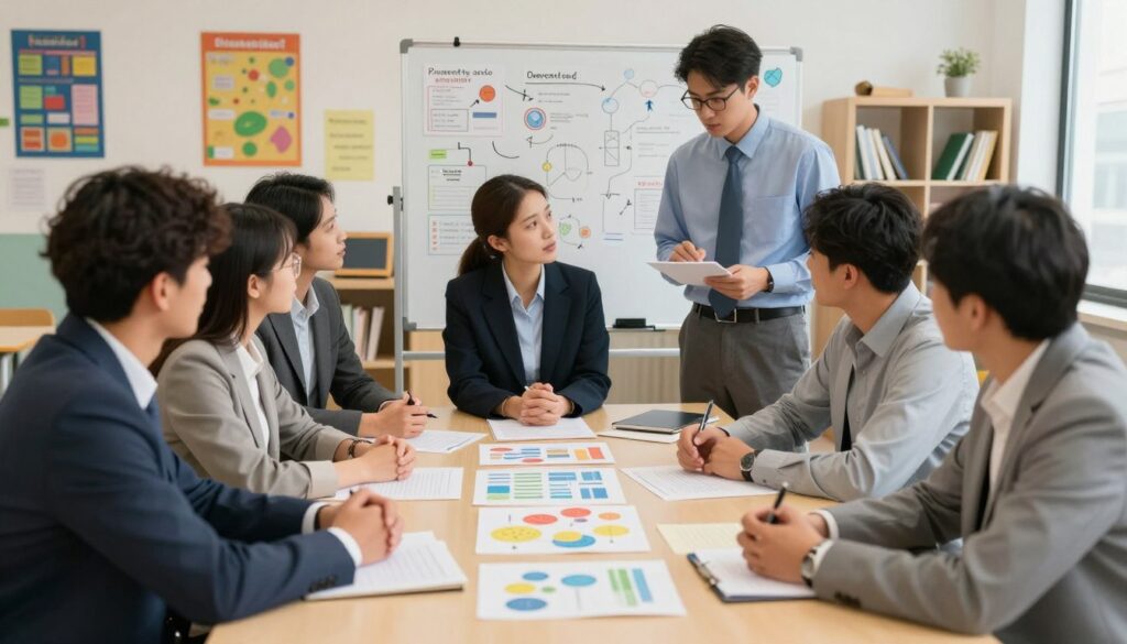 A professional setting showcasing a group of educators engaged in a collaborative meeting around a large table. In the foreground, diverse educators, dressed in smart business attire, are actively discussing preventive and diagnostic action plans, with colorful charts and papers spread out before them. In the middle, a whiteboard filled with brainstorming ideas and diagrams of various strategies, highlighting teamwork and creativity. The background depicts a bright classroom environment with educational posters and a soft focus on shelves filled with books and tools for learning. The lighting is warm and inviting, emphasizing a mood of cooperation and proactive planning. The angle captures both the dynamic interaction of the educators and the organized workspace, conveying a sense of purpose and dedication to student well-being. A professional setting showcasing a group of educators engaged in a collaborative meeting around a large table. In the foreground, diverse educators, dressed in smart business attire, are actively discussing preventive and diagnostic action plans, with colorful charts and papers spread out before them. In the middle, a whiteboard filled with brainstorming ideas and diagrams of various strategies, highlighting teamwork and creativity. The background depicts a bright classroom environment with educational posters and a soft focus on shelves filled with books and tools for learning. The lighting is warm and inviting, emphasizing a mood of cooperation and proactive planning. The angle captures both the dynamic interaction of the educators and the organized workspace, conveying a sense of purpose and dedication to student well-being.