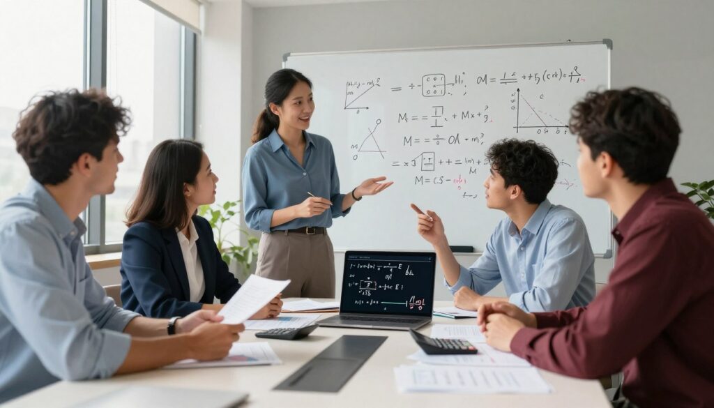 A professional setting showcasing the practical application of algebraic transformations. In the foreground, a diverse group of three professionals, including a woman in business attire and two men in smart casual clothing, are engaged in a lively discussion around a modern conference table filled with papers, calculators, and a laptop displaying complex equations. In the middle ground, a large whiteboard stands with colorful chalk illustrations of algebraic formulas and graphs. The background features large windows with natural light streaming in, illuminating the room and creating a warm, collaborative atmosphere. The image captures a sense of innovation and teamwork, emphasizing the real-world application of algebra in problem-solving and analysis. Bright, inviting lighting with soft shadows adds depth to the scene.