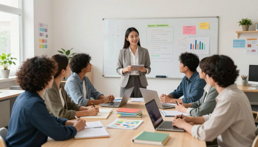 A professional teacher's workspace, showcasing requirements for special education teacher qualifications. In the foreground, a diverse group of teachers, dressed in professional attire, is engaged in a lively discussion around a table filled with educational materials, including books, journals, and laptops. In the middle ground, a large whiteboard displays colorful charts and key competencies related to teaching special needs students. The background features a bright, airy classroom environment with decorated walls and plants, conveying a sense of positivity and inclusivity. Soft natural light floods through the window, creating a warm atmosphere. The camera angle is positioned slightly above the table, capturing the interaction and the educational atmosphere, reflecting a commitment to professional development and pedagogical preparation.