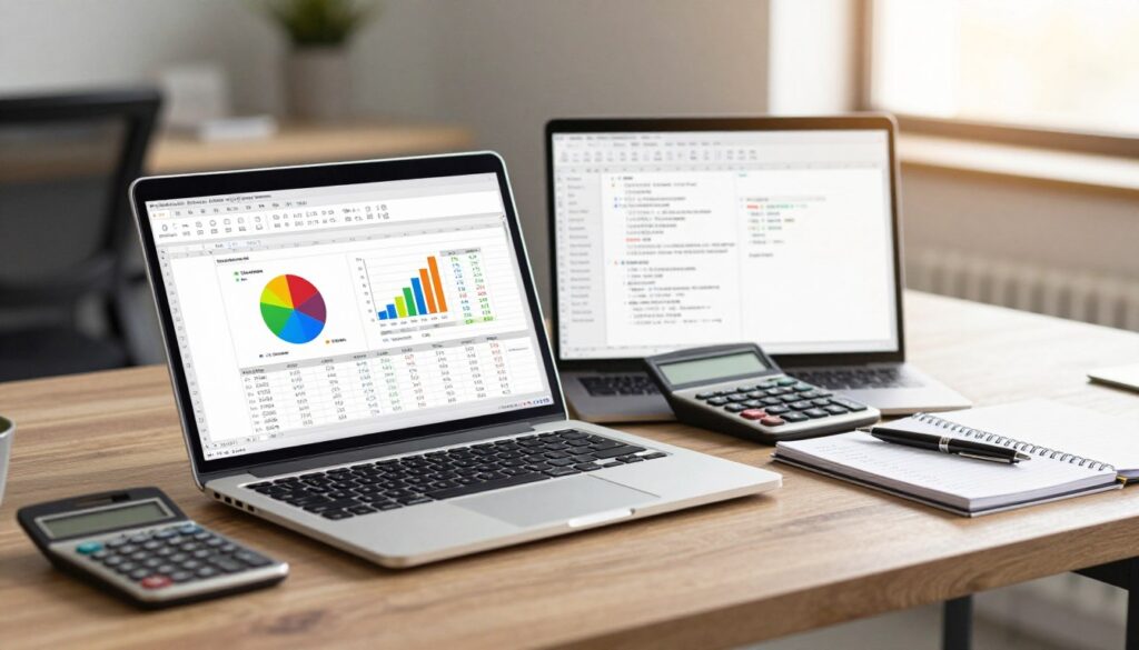 A professional workspace featuring the main tools of Microsoft Excel. In the foreground, a sleek laptop displays an Excel spreadsheet filled with vibrant, colorful charts and data representing percentage calculations. Beside it, a modern calculator, a notepad with handwritten notes, and a stylish pen rest on an elegant wooden desk. In the middle ground, an open Excel workbook shows various formula inputs, emphasizing operations related to percentages. The background is softly blurred to indicate a professional office environment with a window letting in warm, natural light. The overall atmosphere is focused and productive, conveying a sense of clarity and precision in financial analysis. The image should evoke a sense of professionalism and efficiency. A professional workspace featuring the main tools of Microsoft Excel. In the foreground, a sleek laptop displays an Excel spreadsheet filled with vibrant, colorful charts and data representing percentage calculations. Beside it, a modern calculator, a notepad with handwritten notes, and a stylish pen rest on an elegant wooden desk. In the middle ground, an open Excel workbook shows various formula inputs, emphasizing operations related to percentages. The background is softly blurred to indicate a professional office environment with a window letting in warm, natural light. The overall atmosphere is focused and productive, conveying a sense of clarity and precision in financial analysis. The image should evoke a sense of professionalism and efficiency.
