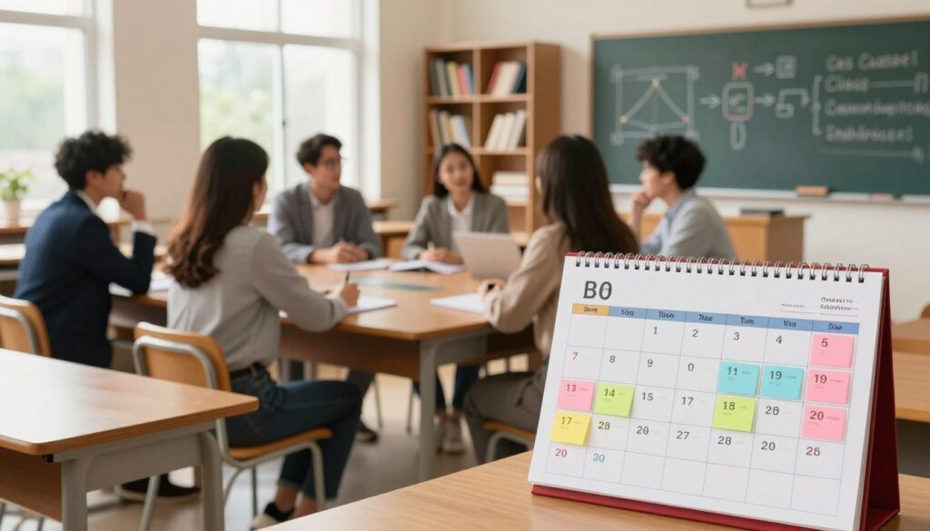 A serene academic setting featuring a cozy classroom with wooden desks and shelves filled with books. In the foreground, a calendar marked with optimal dates highlighted for class transfer, showcasing colorful sticky notes and reminders. In the middle ground, a group of diverse students, dressed in business casual attire, engaged in a discussion around a large table, deep in thought. Natural light pours in through large windows, creating a warm and inviting atmosphere. In the background, a chalkboard displays educational diagrams and schedules related to class transitions. The overall mood is optimistic and productive, symbolizing opportunities for new beginnings in education. A serene academic setting featuring a cozy classroom with wooden desks and shelves filled with books. In the foreground, a calendar marked with optimal dates highlighted for class transfer, showcasing colorful sticky notes and reminders. In the middle ground, a group of diverse students, dressed in business casual attire, engaged in a discussion around a large table, deep in thought. Natural light pours in through large windows, creating a warm and inviting atmosphere. In the background, a chalkboard displays educational diagrams and schedules related to class transitions. The overall mood is optimistic and productive, symbolizing opportunities for new beginnings in education.