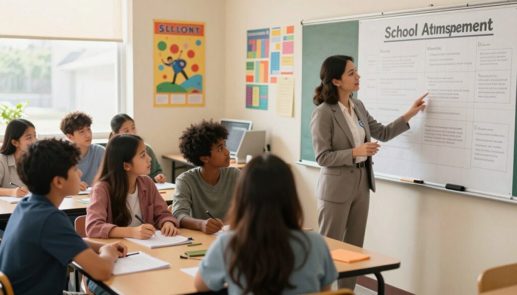 A serene and organized classroom setting, featuring diverse students engaged in collaborative activities while focused on a large chart highlighting school absence management strategies. In the foreground, a teacher, dressed in professional attire, gestures towards the chart, encouraging discussion. In the middle ground, students of various ethnicities are seated around tables, examining materials related to attendance and strategies for prevention. The background showcases colorful educational posters and a window letting in warm, natural light, creating a positive and supportive atmosphere. The image captures a sense of teamwork, understanding, and proactive engagement in tackling school absence issues, with an emphasis on connection and harmony among the participants. Soft lighting enhances the inviting ambiance, promoting inclusivity and collaboration in education. A serene and organized classroom setting, featuring diverse students engaged in collaborative activities while focused on a large chart highlighting school absence management strategies. In the foreground, a teacher, dressed in professional attire, gestures towards the chart, encouraging discussion. In the middle ground, students of various ethnicities are seated around tables, examining materials related to attendance and strategies for prevention. The background showcases colorful educational posters and a window letting in warm, natural light, creating a positive and supportive atmosphere. The image captures a sense of teamwork, understanding, and proactive engagement in tackling school absence issues, with an emphasis on connection and harmony among the participants. Soft lighting enhances the inviting ambiance, promoting inclusivity and collaboration in education.