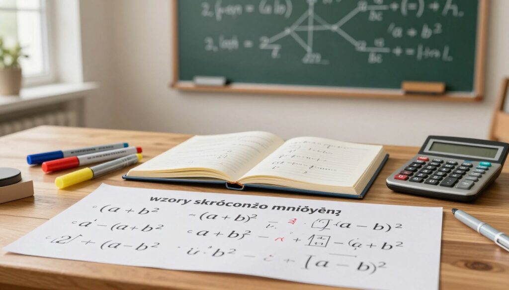 A serene and organized workspace illustrating the concept of "wzory skróconego mnożenia" as used in algebraic expressions. In the foreground, a neatly arranged collection of colorful mathematical symbols and equations representing algebraic identities, such as (a + b)² or (a - b)², on a wooden desk. The middle ground features an open notebook with detailed steps of algebraic calculations, surrounded by colorful markers and a scientific calculator. In the background, a softly lit chalkboard displaying key formulas and interconnected diagrams. There is warm, natural lighting filtering in from a nearby window, creating an inviting atmosphere for learning. The overall mood is focused and educational, suitable for an academic article. A serene and organized workspace illustrating the concept of "wzory skróconego mnożenia" as used in algebraic expressions. In the foreground, a neatly arranged collection of colorful mathematical symbols and equations representing algebraic identities, such as (a + b)² or (a - b)², on a wooden desk. The middle ground features an open notebook with detailed steps of algebraic calculations, surrounded by colorful markers and a scientific calculator. In the background, a softly lit chalkboard displaying key formulas and interconnected diagrams. There is warm, natural lighting filtering in from a nearby window, creating an inviting atmosphere for learning. The overall mood is focused and educational, suitable for an academic article.