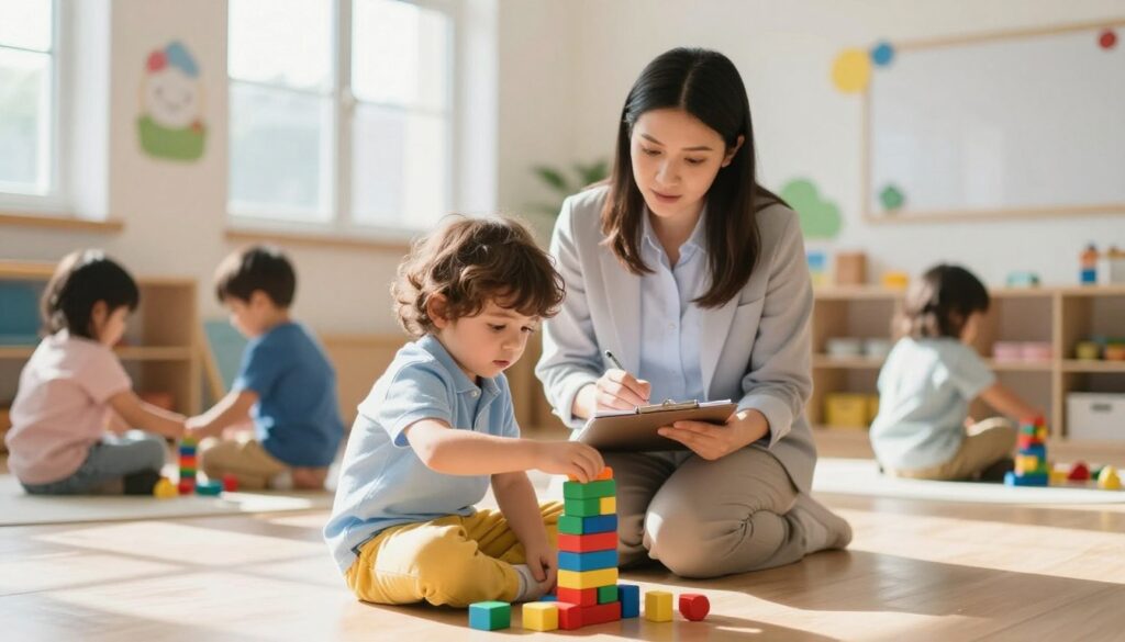 A serene preschool classroom scene focusing on a young child engaged in play, highlighting the process of observation. In the foreground, a child, around four years old, with short brown hair, is building a tower with colorful blocks, wearing a light blue shirt and yellow pants. In the middle ground, a teacher, dressed in professional casual attire, observes the child intently, taking notes on a clipboard. Surrounding them are other children playing in various activity areas, with bright and cheerful decorations on the walls. The background shows soft natural light streaming through large windows, casting gentle shadows, creating a warm and inviting atmosphere. The image captures the essence of nurturing observation and analysis in a preschool setting. A serene preschool classroom scene focusing on a young child engaged in play, highlighting the process of observation. In the foreground, a child, around four years old, with short brown hair, is building a tower with colorful blocks, wearing a light blue shirt and yellow pants. In the middle ground, a teacher, dressed in professional casual attire, observes the child intently, taking notes on a clipboard. Surrounding them are other children playing in various activity areas, with bright and cheerful decorations on the walls. The background shows soft natural light streaming through large windows, casting gentle shadows, creating a warm and inviting atmosphere. The image captures the essence of nurturing observation and analysis in a preschool setting.