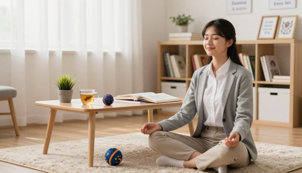 A serene study environment showcasing various stress relief techniques before an exam. In the foreground, a young student sits cross-legged on a comfortable rug, dressed in professional casual attire, practicing mindfulness with closed eyes and a gentle smile. In the middle ground, a table is adorned with study materials: textbooks, a cup of herbal tea, and stress-relief tools like a stress ball and a small plant. The background shows a well-lit room with soft, warm lighting filtering through a window adorned with flowing curtains, creating a calm atmosphere. Shelves filled with books and motivational quotes decorate the room, emphasizing a positive and focused mood, perfect for preparing for exams. The angle is slightly tilted to create a dynamic composition that draws the viewer's eye toward the student. A serene study environment showcasing various stress relief techniques before an exam. In the foreground, a young student sits cross-legged on a comfortable rug, dressed in professional casual attire, practicing mindfulness with closed eyes and a gentle smile. In the middle ground, a table is adorned with study materials: textbooks, a cup of herbal tea, and stress-relief tools like a stress ball and a small plant. The background shows a well-lit room with soft, warm lighting filtering through a window adorned with flowing curtains, creating a calm atmosphere. Shelves filled with books and motivational quotes decorate the room, emphasizing a positive and focused mood, perfect for preparing for exams. The angle is slightly tilted to create a dynamic composition that draws the viewer's eye toward the student.