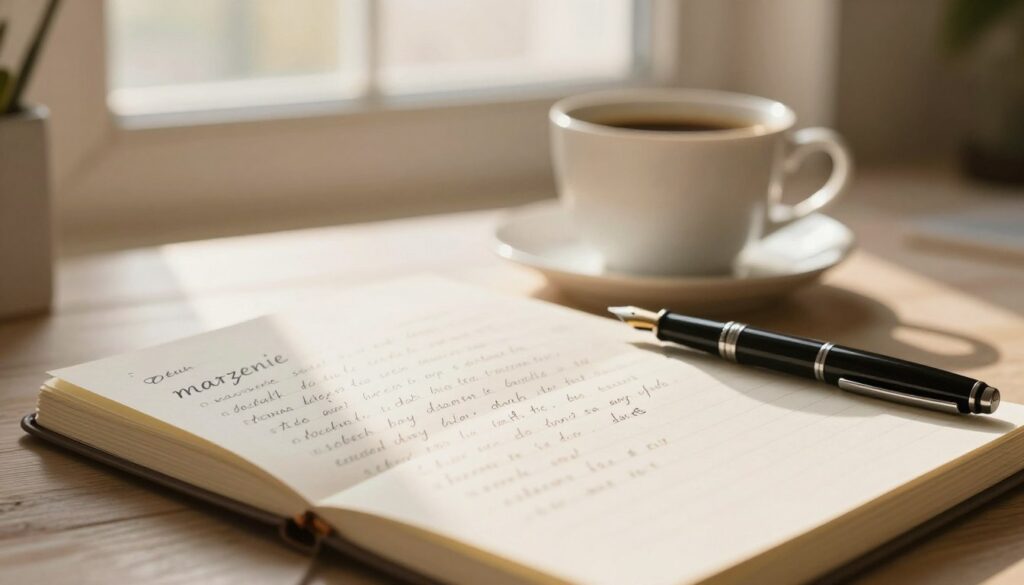 A serene writing desk in a softly lit room, showcasing an open notebook filled with neatly handwritten notes on the topic of spelling, specifically focusing on the word "marzenie" (dream). The foreground features a close-up of the notebook, with a fountain pen resting beside it. In the middle, a warm cup of coffee sits next to the notebook, hinting at a reflective mood. Beyond, a softly blurred window reveals gentle sunlight streaming in, casting a warm glow and creating an inviting atmosphere. The color palette is soft and warm, emphasizing a sense of tranquility and inspiration for writers. The image captures a moment of focused creativity, perfect for highlighting practical spelling tips. A serene writing desk in a softly lit room, showcasing an open notebook filled with neatly handwritten notes on the topic of spelling, specifically focusing on the word "marzenie" (dream). The foreground features a close-up of the notebook, with a fountain pen resting beside it. In the middle, a warm cup of coffee sits next to the notebook, hinting at a reflective mood. Beyond, a softly blurred window reveals gentle sunlight streaming in, casting a warm glow and creating an inviting atmosphere. The color palette is soft and warm, emphasizing a sense of tranquility and inspiration for writers. The image captures a moment of focused creativity, perfect for highlighting practical spelling tips.