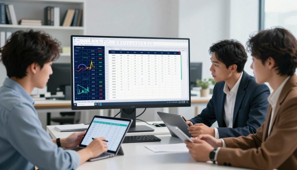A sleek office environment with a modern, digital aesthetic, showcasing an advanced multiplication table on a large laptop screen with vibrant calculations and graphs. In the foreground, a diverse group of three professionals—two wearing smart business attire and one in smart casual clothing—are collaborating, using tablets and digital notes. The middle layer features a clear view of automated Excel charts dynamically displaying multiplication results. The background includes shelves filled with books on data science, and soft white lighting creates a focused atmosphere. The scene is captured from a slight angle to emphasize teamwork, aiming for a dynamic yet professional mood, suggesting innovation and efficiency in automation techniques.