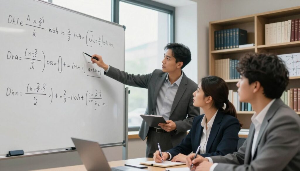 A sophisticated conference room setting, with a large whiteboard filled with mathematical equations representing a contradictory system of equations. In the foreground, a diverse group of three professionals, dressed in business attire, analyzes the equations; one points at the board with a pen, while others take notes, displaying expressions of concentration and discussion. The middle ground features a large window letting in natural light, illuminating the room and casting soft shadows. In the background, bookshelves filled with mathematical textbooks and diagrams add to the scholarly atmosphere. The image captures a mood of inquiry and problem-solving, with a sense of urgency and collaboration, highlighting the complexity of identifying contradictory systems of equations.