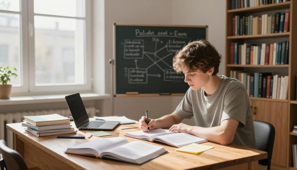 A spacious study room during the day, filled with sunlight coming through large windows, illuminating a wooden desk cluttered with open textbooks, notes, and stationery. In the foreground, a focused young student, dressed in modest casual clothing, is sitting at the desk, deeply engaged in reviewing a study guide with a pen in hand. In the middle ground, a chalkboard filled with organized mind maps and key pointers about the Polish oral exam. In the background, a cozy bookshelf filled with literature and resources relevant to Polish language studies. The atmosphere is calm and inviting, promoting concentration and the spirit of planning and preparation, with soft shadows cast by the warm sunlight. The angle captures both the student and the study materials, emphasizing a productive educational environment. A spacious study room during the day, filled with sunlight coming through large windows, illuminating a wooden desk cluttered with open textbooks, notes, and stationery. In the foreground, a focused young student, dressed in modest casual clothing, is sitting at the desk, deeply engaged in reviewing a study guide with a pen in hand. In the middle ground, a chalkboard filled with organized mind maps and key pointers about the Polish oral exam. In the background, a cozy bookshelf filled with literature and resources relevant to Polish language studies. The atmosphere is calm and inviting, promoting concentration and the spirit of planning and preparation, with soft shadows cast by the warm sunlight. The angle captures both the student and the study materials, emphasizing a productive educational environment.