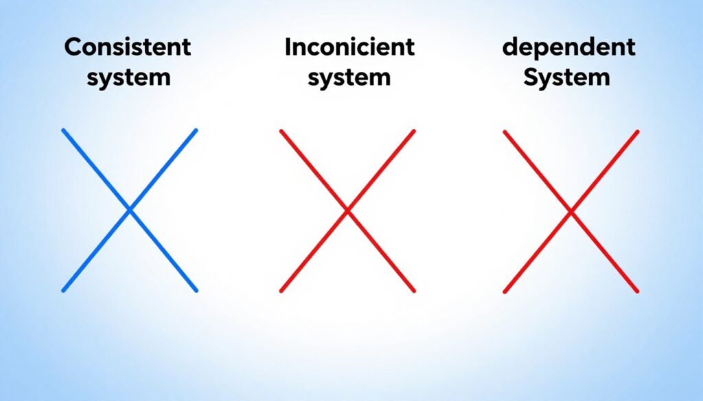 A split screen image illustrating three types of systems of equations: a consistent system with a single solution (depicted by two intersecting lines), an inconsistent system with no solutions (illustrated by two parallel lines), and a dependent system with infinite solutions (shown by two overlapping lines). The foreground features clear, labeled graphs with bright colors to highlight the differences between the systems. The middle ground includes a soft gradient background shifting from light blue to white to create an academic atmosphere. The lighting is bright and evenly distributed to enhance clarity. The overall mood is educational and informative, suitable for illustrating mathematical concepts. The image should be clean and professional, without any text or watermarks.