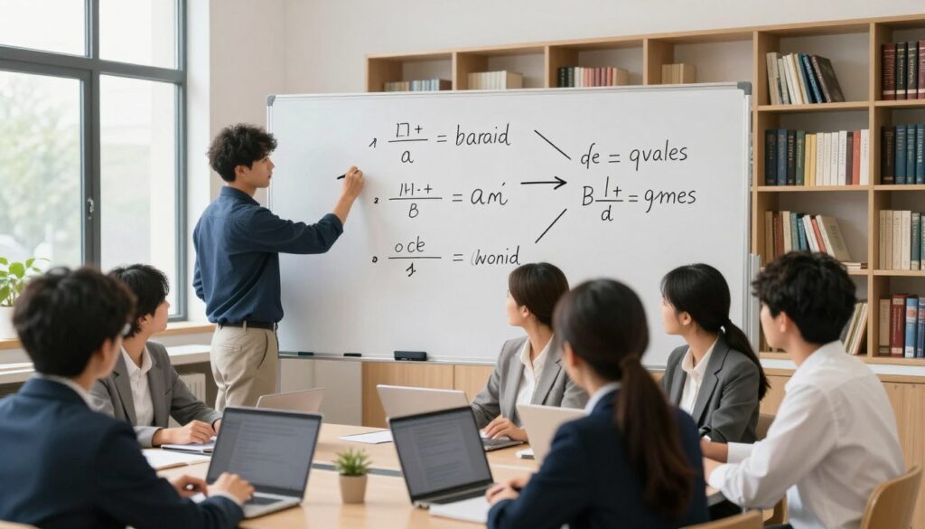 A step-by-step illustration of solving equations, showcasing a bright, modern classroom environment. In the foreground, a diverse group of students, dressed in professional business attire, are intensely engaged—one student is writing equations on a whiteboard, while others closely observe, with laptops and notebooks open. In the middle of the scene, a clear explanation of the process can be visually emphasized, with arrows connecting each step of the equation-solving method. The background features shelves filled with math books, adding an educational ambiance. Natural lighting floods the room through large windows, enhancing the focus on the students’ collaboration. The atmosphere conveys a sense of curiosity and determination, inspiring a genuine love for learning math. A step-by-step illustration of solving equations, showcasing a bright, modern classroom environment. In the foreground, a diverse group of students, dressed in professional business attire, are intensely engaged—one student is writing equations on a whiteboard, while others closely observe, with laptops and notebooks open. In the middle of the scene, a clear explanation of the process can be visually emphasized, with arrows connecting each step of the equation-solving method. The background features shelves filled with math books, adding an educational ambiance. Natural lighting floods the room through large windows, enhancing the focus on the students’ collaboration. The atmosphere conveys a sense of curiosity and determination, inspiring a genuine love for learning math.