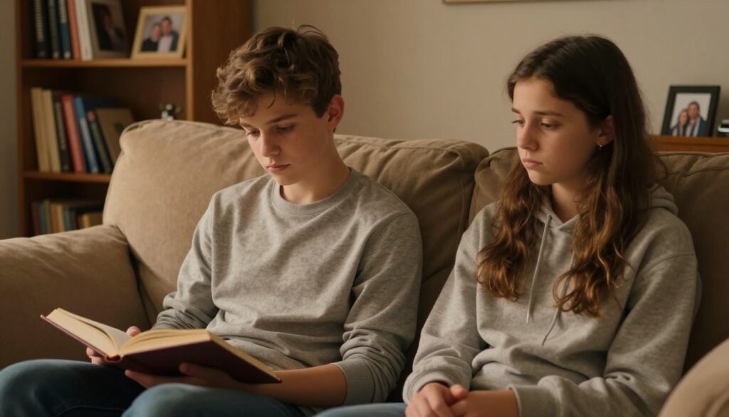 A teenage boy and girl sit on a comfortable sofa in a warm, softly lit room, both appearing contemplative and slightly withdrawn. The boy, dressed in casual yet neat clothing, stares pensively at a book resting on his lap, while the girl, wearing a simple hoodie, observes him with concern. In the background, a cozy study area with bookshelves filled with motivational books and family photos creates an intimate atmosphere. The warm lighting casts gentle shadows, enhancing the mood of introspection and emotional struggle. Close-up angle focusing on their expressions, capturing a sense of vulnerability and the need for connection. The image should evoke feelings of empathy and understanding about the challenges faced by teenagers today. A teenage boy and girl sit on a comfortable sofa in a warm, softly lit room, both appearing contemplative and slightly withdrawn. The boy, dressed in casual yet neat clothing, stares pensively at a book resting on his lap, while the girl, wearing a simple hoodie, observes him with concern. In the background, a cozy study area with bookshelves filled with motivational books and family photos creates an intimate atmosphere. The warm lighting casts gentle shadows, enhancing the mood of introspection and emotional struggle. Close-up angle focusing on their expressions, capturing a sense of vulnerability and the need for connection. The image should evoke feelings of empathy and understanding about the challenges faced by teenagers today.