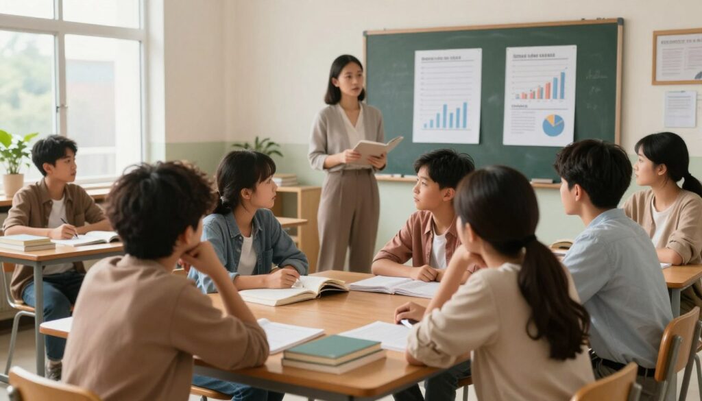 A thoughtful classroom scene capturing the impact of school absenteeism on student academic performance and development. In the foreground, a diverse group of students, wearing modest casual clothing, appears engaged in a focused discussion around a desk strewn with textbooks and assignments. In the middle, a teacher stands by a blackboard with charts depicting academic progress, highlighting the correlation between attendance and performance. Soft, natural lighting filters through large windows, creating a warm, inviting atmosphere. In the background, empty desks symbolizing absenteeism add depth to the scene, while plants in the corners enhance the classroom environment. The overall mood reflects a blend of concern and hope for student success. A thoughtful classroom scene capturing the impact of school absenteeism on student academic performance and development. In the foreground, a diverse group of students, wearing modest casual clothing, appears engaged in a focused discussion around a desk strewn with textbooks and assignments. In the middle, a teacher stands by a blackboard with charts depicting academic progress, highlighting the correlation between attendance and performance. Soft, natural lighting filters through large windows, creating a warm, inviting atmosphere. In the background, empty desks symbolizing absenteeism add depth to the scene, while plants in the corners enhance the classroom environment. The overall mood reflects a blend of concern and hope for student success.