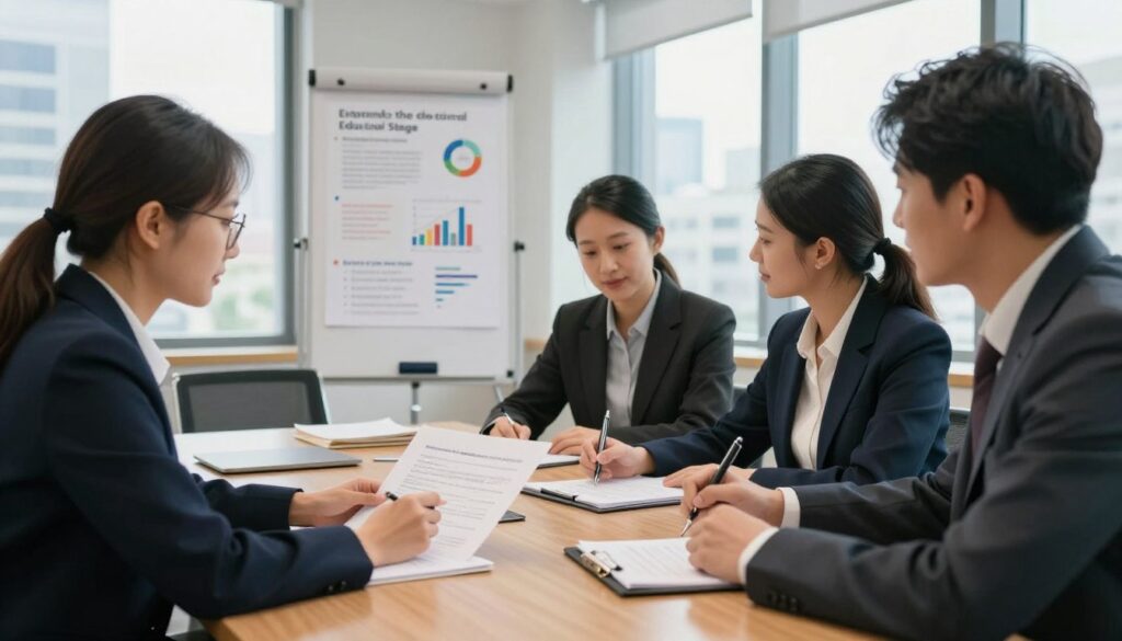 A thoughtful educational meeting scene in a well-lit conference room, with diverse professionals engaged in a discussion about extending the educational stage. In the foreground, a group of three individuals—two women and one man—dressed in smart business attire, are seated around a polished wooden table, reviewing documents. The woman on the left has glasses and is pointing at a chart, while the man is taking notes. In the middle ground, a whiteboard displays colorful graphs and key points of discussion. The background features large windows with natural light streaming in, showcasing a city skyline. The mood is collaborative and optimistic, conveying a sense of professionalism and determination to enhance educational pathways, with soft shadows enhancing the inviting atmosphere. A thoughtful educational meeting scene in a well-lit conference room, with diverse professionals engaged in a discussion about extending the educational stage. In the foreground, a group of three individuals—two women and one man—dressed in smart business attire, are seated around a polished wooden table, reviewing documents. The woman on the left has glasses and is pointing at a chart, while the man is taking notes. In the middle ground, a whiteboard displays colorful graphs and key points of discussion. The background features large windows with natural light streaming in, showcasing a city skyline. The mood is collaborative and optimistic, conveying a sense of professionalism and determination to enhance educational pathways, with soft shadows enhancing the inviting atmosphere.