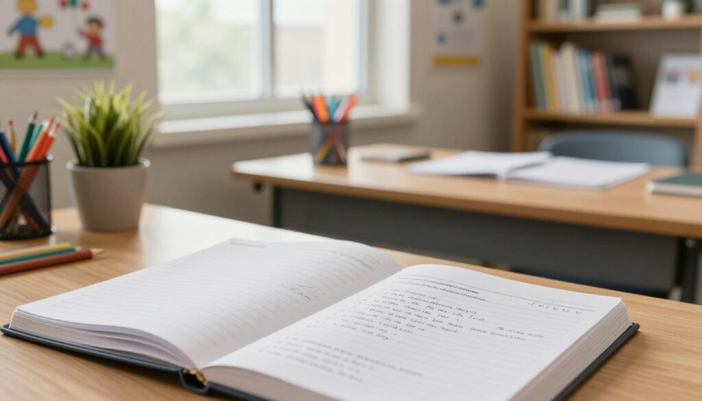 A tranquil and organized school office environment showcasing a school psychologist's journal entries. In the foreground, an open, neatly organized notebook filled with handwritten notes and reflections on student interactions, highlighting key bullet points. The middle layer features a wooden desk with a potted plant, colorful stationery, and personal items reflecting a caring educational atmosphere. In the background, soft natural light streams through a window, illuminating educational posters and bookshelves filled with resources. The mood is professional yet inviting, designed to evoke a sense of support and guidance in a school setting. The scene has a warm color palette, conveying a calm and productive atmosphere without any text or distracting elements. A tranquil and organized school office environment showcasing a school psychologist's journal entries. In the foreground, an open, neatly organized notebook filled with handwritten notes and reflections on student interactions, highlighting key bullet points. The middle layer features a wooden desk with a potted plant, colorful stationery, and personal items reflecting a caring educational atmosphere. In the background, soft natural light streams through a window, illuminating educational posters and bookshelves filled with resources. The mood is professional yet inviting, designed to evoke a sense of support and guidance in a school setting. The scene has a warm color palette, conveying a calm and productive atmosphere without any text or distracting elements.