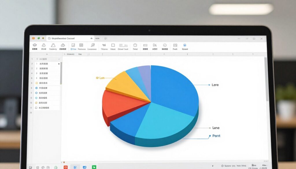A vibrant and detailed image showcasing a modified pie chart in an Excel spreadsheet. In the foreground, the pie chart is elegantly displayed with distinct, colorful segments illustrating various data categories. Each segment should have varying shades, representing different data points, surrounded by subtle 3D effects to enhance depth. The middle ground features an Excel user interface with a clean layout, including editing tools and options for customizing the chart. In the background, a blurred office setting conveys a professional atmosphere with soft lighting, emphasizing a focused and productive workspace. The overall mood should reflect clarity, precision, and professionalism, creating an engaging visual representation of pie chart modification.