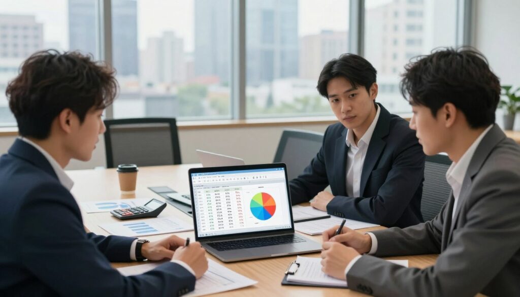 A vibrant office environment depicting practical applications of percentage calculations in business. In the foreground, a diverse group of three business professionals, dressed in smart attire, are engaged in a collaborative discussion over a laptop displaying an Excel spreadsheet with colorful charts and percentage formulas. The middle layer features a modern conference table cluttered with documents, calculators, and coffee cups, emphasizing an active work atmosphere. In the background, large windows reveal a city skyline, with soft natural light filtering in, creating a warm and inviting atmosphere. The overall mood conveys productivity and teamwork, symbolizing real-world applications of percentage calculations in various business scenarios. A vibrant office environment depicting practical applications of percentage calculations in business. In the foreground, a diverse group of three business professionals, dressed in smart attire, are engaged in a collaborative discussion over a laptop displaying an Excel spreadsheet with colorful charts and percentage formulas. The middle layer features a modern conference table cluttered with documents, calculators, and coffee cups, emphasizing an active work atmosphere. In the background, large windows reveal a city skyline, with soft natural light filtering in, creating a warm and inviting atmosphere. The overall mood conveys productivity and teamwork, symbolizing real-world applications of percentage calculations in various business scenarios.