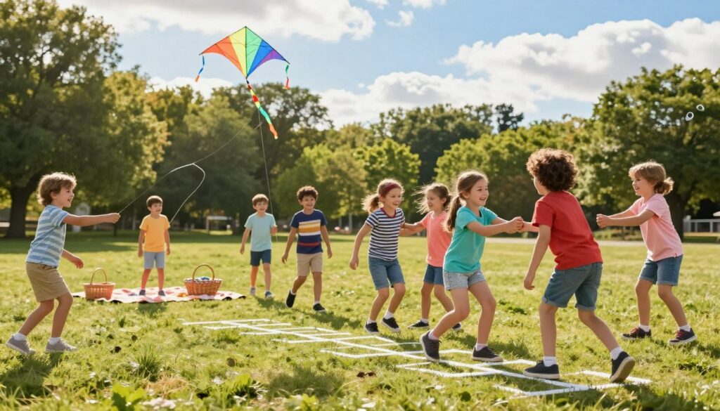A vibrant outdoor scene depicting children aged 6 to 9 engaged in various playful activities on a sunny day. In the foreground, a group of kids is playing tag, their expressions filled with joy and excitement, dressed in colorful casual clothing. In the middle ground, a picnic blanket is spread out with a basket, while others are flying kites and hopping on a hopscotch pattern drawn on the ground. The background features lush green trees and a bright blue sky with fluffy white clouds. The lighting is warm and inviting, casting soft shadows. The atmosphere is lively and cheerful, capturing the essence of outdoor play and the spirit of childhood exploration, emphasizing movement and dynamic interactions.