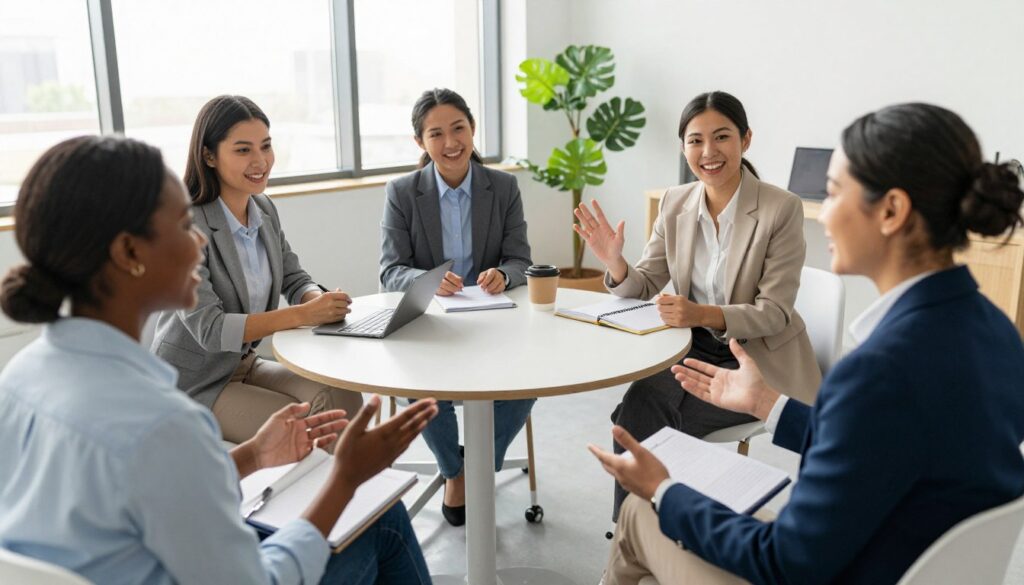A vibrant scene in a modern, well-lit conference room, showcasing a diverse group of teachers engaged in a lively discussion. In the foreground, two teachers of different ethnicities (one Black, one Asian) are exchanging ideas with enthusiasm, both wearing professional business attire. The middle ground features a small round table with notebooks, tablets, and cups of coffee, surrounded by three other educators listening attentively, creating an inclusive atmosphere. In the background, a large window allows natural light to flood the room, with a few potted plants adding a touch of greenery. The overall mood is collaborative and inspirational, reflecting a space conducive to sharing experiences in teaching support. The camera angle is slightly elevated, capturing the dynamic interactions without any text or distractions. A vibrant scene in a modern, well-lit conference room, showcasing a diverse group of teachers engaged in a lively discussion. In the foreground, two teachers of different ethnicities (one Black, one Asian) are exchanging ideas with enthusiasm, both wearing professional business attire. The middle ground features a small round table with notebooks, tablets, and cups of coffee, surrounded by three other educators listening attentively, creating an inclusive atmosphere. In the background, a large window allows natural light to flood the room, with a few potted plants adding a touch of greenery. The overall mood is collaborative and inspirational, reflecting a space conducive to sharing experiences in teaching support. The camera angle is slightly elevated, capturing the dynamic interactions without any text or distractions.