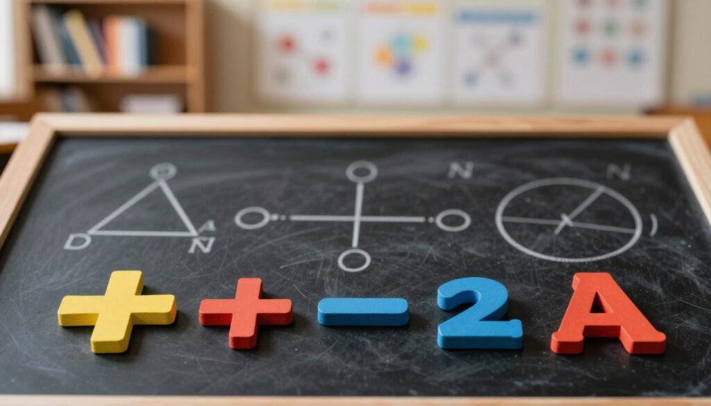 A visually captivating representation of mathematical symbols highlighting their significance. In the foreground, an assortment of bold, colorful mathematical signs like plus, minus, and integral symbols, artistically arranged on a clean, blackboard-like surface. The middle ground features an intricate, softly blurred pattern of diverse geometric shapes, such as triangles and circles, hinting at foundational math concepts. In the background, a soft focus on a classroom setting with shelves filled with books and charts, creating an academic atmosphere. The overall lighting is warm and inviting, with subtle highlights emphasizing the symbols, while a shallow depth of field draws attention to the foreground elements. The image conveys a sense of exploration and curiosity in the world of mathematics. A visually captivating representation of mathematical symbols highlighting their significance. In the foreground, an assortment of bold, colorful mathematical signs like plus, minus, and integral symbols, artistically arranged on a clean, blackboard-like surface. The middle ground features an intricate, softly blurred pattern of diverse geometric shapes, such as triangles and circles, hinting at foundational math concepts. In the background, a soft focus on a classroom setting with shelves filled with books and charts, creating an academic atmosphere. The overall lighting is warm and inviting, with subtle highlights emphasizing the symbols, while a shallow depth of field draws attention to the foreground elements. The image conveys a sense of exploration and curiosity in the world of mathematics.