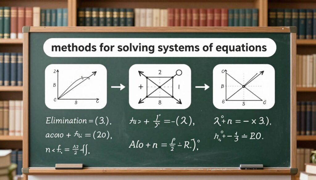 A visually engaging and educational illustration depicting "methods for solving systems of equations." In the foreground, show a chalkboard filled with various mathematical equations and graphical representations, such as plots of linear equations and matrices. The middle ground features a detailed diagram illustrating three distinct methods: substitution, elimination, and graphical representation—each method represented with arrows and symbols for clarity. In the background, softly blurred shelves filled with math books and a scholarly atmosphere, complemented by warm lighting that creates an inviting study environment. The image should evoke a sense of academic curiosity and professionalism, with no people included, focusing solely on the educational aspects in a clean and sophisticated layout.