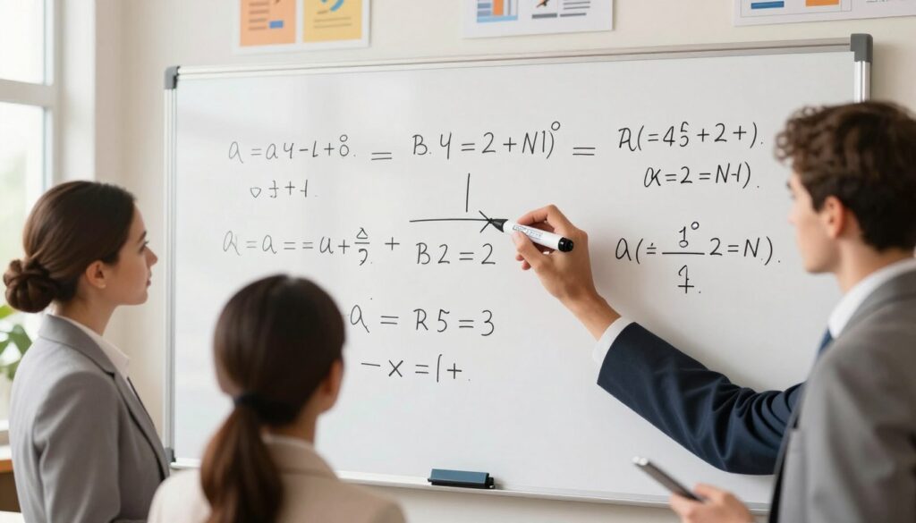 A visually engaging educational illustration depicting the process of verifying equations step-by-step. In the foreground, a diverse group of three professional individuals, dressed in business attire, are gathered around a large whiteboard filled with mathematical equations and annotations. In the middle, a close-up of a hand holding a marker, actively writing numbers and symbols on the board, demonstrates the methodical approach to solving equations. The background features a bright, well-lit classroom environment with motivational posters related to math and learning. Natural light enters through large windows, creating a warm and inviting atmosphere. The overall mood is focused and collaborative, highlighting the importance of teamwork in problem-solving. A visually engaging educational illustration depicting the process of verifying equations step-by-step. In the foreground, a diverse group of three professional individuals, dressed in business attire, are gathered around a large whiteboard filled with mathematical equations and annotations. In the middle, a close-up of a hand holding a marker, actively writing numbers and symbols on the board, demonstrates the methodical approach to solving equations. The background features a bright, well-lit classroom environment with motivational posters related to math and learning. Natural light enters through large windows, creating a warm and inviting atmosphere. The overall mood is focused and collaborative, highlighting the importance of teamwork in problem-solving.
