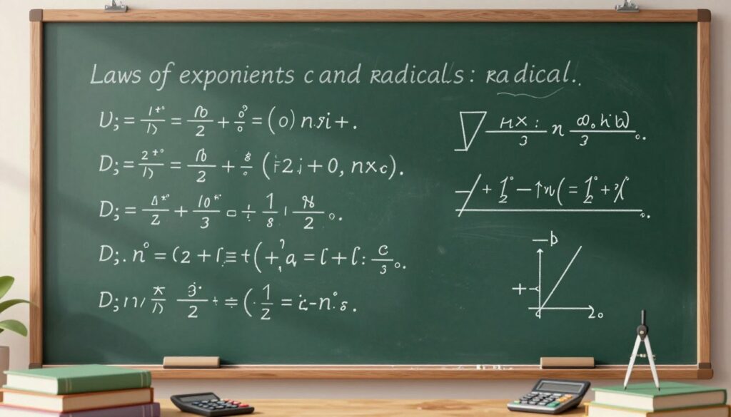 A visually engaging illustration depicting the laws of exponents and radicals in mathematics. In the foreground, display a large chalkboard filled with key equations and rules, such as exponent multiplication and the square root symbol, all rendered in a neat and organized manner. The middle ground features a desk cluttered with textbooks and mathematical tools like a calculator and compasses, suggesting an academic atmosphere. In the background, soft natural light filters through a classroom window, casting gentle shadows and creating an inviting learning environment. The overall mood is scholarly and inspiring, aimed at encouraging curiosity and understanding of algebraic transformations. The scene should be devoid of any text or labels, focusing purely on the mathematical concepts illustrated visually.