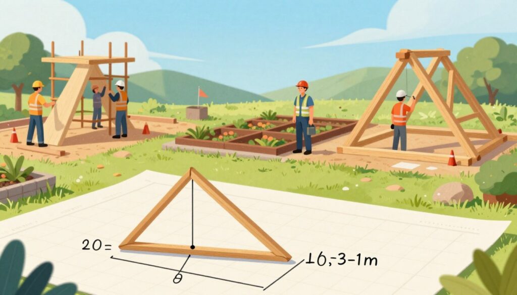 A visually engaging illustration showcasing practical applications of the triangle area formula using sine. In the foreground, display a well-detailed triangle on a graph with annotations highlighting its angles and side lengths. In the middle ground, depict various real-life scenarios: a construction site with workers using triangular scaffolds, a landscape architect planning a garden with triangular flower beds, and an engineer calculating loads on triangular roof trusses. In the background, a serene natural landscape with rolling hills under a bright blue sky. Use soft, natural lighting to create an inviting atmosphere. Employ a slightly angled perspective to enhance depth. The overall mood should be practical and educational, emphasizing the relevance of geometry in everyday life. A visually engaging illustration showcasing practical applications of the triangle area formula using sine. In the foreground, display a well-detailed triangle on a graph with annotations highlighting its angles and side lengths. In the middle ground, depict various real-life scenarios: a construction site with workers using triangular scaffolds, a landscape architect planning a garden with triangular flower beds, and an engineer calculating loads on triangular roof trusses. In the background, a serene natural landscape with rolling hills under a bright blue sky. Use soft, natural lighting to create an inviting atmosphere. Employ a slightly angled perspective to enhance depth. The overall mood should be practical and educational, emphasizing the relevance of geometry in everyday life.