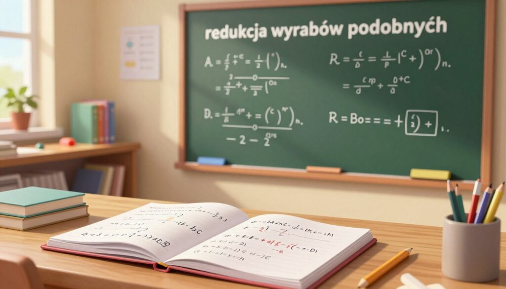 A visually engaging illustration symbolizing the concept of "redukcja wyrazów podobnych" featuring a vibrant algebraic workspace. In the foreground, there is a well-organized desk with open notebooks displaying colorful equations and algebraic expressions, highlighting the process of combining like terms. The middle ground includes a chalkboard filled with clear, neatly written algebraic expressions and diagrams, showing step-by-step reductions. In the background, a softly lit room filled with educational materials and books creates an atmosphere of learning and exploration. The lighting is warm, casting gentle shadows, while the angle captures the depth of the study space. This setup conveys a sense of clarity and focus, inviting viewers into the world of algebraic problem-solving. A visually engaging illustration symbolizing the concept of "redukcja wyrazów podobnych" featuring a vibrant algebraic workspace. In the foreground, there is a well-organized desk with open notebooks displaying colorful equations and algebraic expressions, highlighting the process of combining like terms. The middle ground includes a chalkboard filled with clear, neatly written algebraic expressions and diagrams, showing step-by-step reductions. In the background, a softly lit room filled with educational materials and books creates an atmosphere of learning and exploration. The lighting is warm, casting gentle shadows, while the angle captures the depth of the study space. This setup conveys a sense of clarity and focus, inviting viewers into the world of algebraic problem-solving.