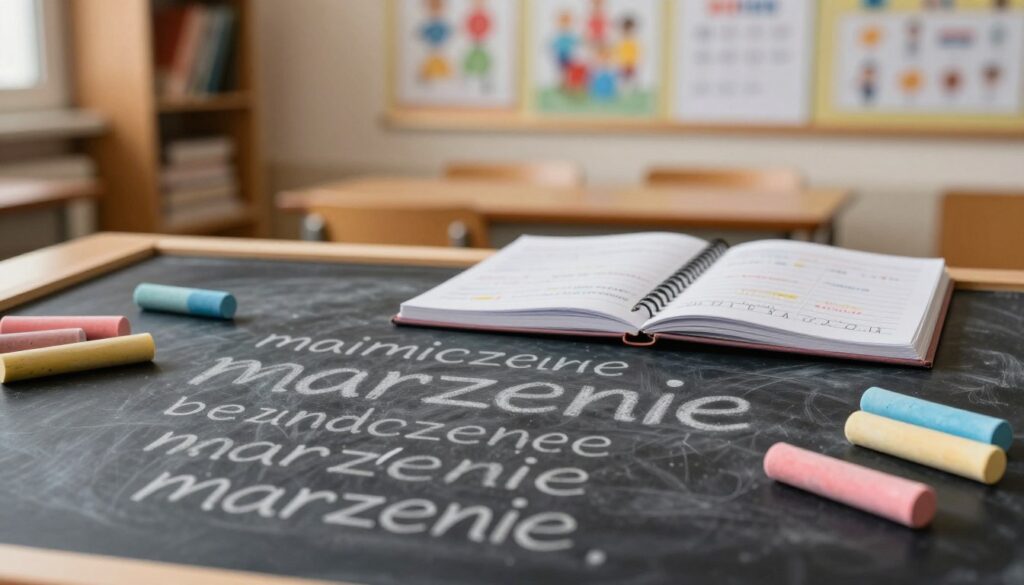 A visually engaging representation of common spelling mistakes related to the word "marzenie" (dream) in Polish orthography. In the foreground, a chalkboard filled with various misspellings of "marzenie" is shown, with colorful chalks scattered around. In the middle ground, an open notebook reveals additional notes and corrections, suggesting a learning process. The background features a softly blurred classroom environment, with shelves of books and educational posters about language and spelling rules. The lighting is warm and inviting, evoking a cozy educational atmosphere, while a slight vignette enhances focus on the spelling errors. The mood is informative yet approachable, ideal for illustrating spelling challenges in a supportive learning context. A visually engaging representation of common spelling mistakes related to the word "marzenie" (dream) in Polish orthography. In the foreground, a chalkboard filled with various misspellings of "marzenie" is shown, with colorful chalks scattered around. In the middle ground, an open notebook reveals additional notes and corrections, suggesting a learning process. The background features a softly blurred classroom environment, with shelves of books and educational posters about language and spelling rules. The lighting is warm and inviting, evoking a cozy educational atmosphere, while a slight vignette enhances focus on the spelling errors. The mood is informative yet approachable, ideal for illustrating spelling challenges in a supportive learning context.