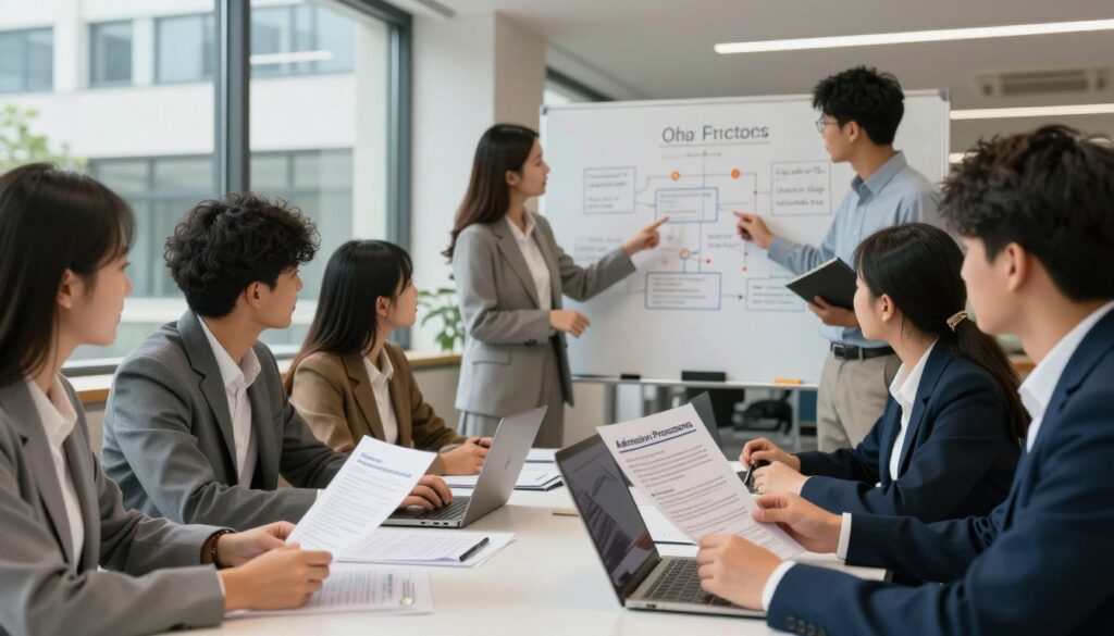 A visually engaging study recruitment scene set in an academic environment, featuring a diverse group of students (gender-neutral, professional business attire) engaged in discussions around a large table covered with documents and laptops. In the foreground, a young woman is reading a pamphlet titled "Admission Procedures," highlighting key requirements. In the middle ground, others are pointing at a whiteboard filled with flowcharts and bullet points on recruitment processes. The background shows a modern university building with large windows, allowing soft, natural lighting to illuminate the scene, creating a focused and inspiring atmosphere. The composition emphasizes collaboration and determination, capturing the essence of higher education opportunities.