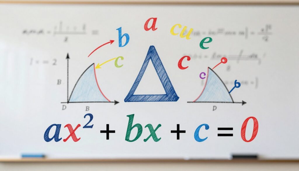 A visually striking illustration depicting the general form of quadratic equations, showcasing the equation "ax^2 + bx + c = 0" prominently in the foreground. The variables a, b, and c should be visually represented using unique colors and textures, emphasizing their significance in the equation. In the middle of the scene, include a stylized representation of the discriminant (delta) symbol, Δ, integrated into the design, surrounded by vibrant mathematical symbols and graphs demonstrating parabolic curves. The background features a subtle, blurred academic setting, perhaps a light-colored chalkboard with faint mathematical notations to create an atmosphere of learning. Use soft, diffused lighting to evoke a sense of clarity and depth, with a slight focus on the foreground to draw attention to the intricacies of the equation. A visually striking illustration depicting the general form of quadratic equations, showcasing the equation "ax^2 + bx + c = 0" prominently in the foreground. The variables a, b, and c should be visually represented using unique colors and textures, emphasizing their significance in the equation. In the middle of the scene, include a stylized representation of the discriminant (delta) symbol, Δ, integrated into the design, surrounded by vibrant mathematical symbols and graphs demonstrating parabolic curves. The background features a subtle, blurred academic setting, perhaps a light-colored chalkboard with faint mathematical notations to create an atmosphere of learning. Use soft, diffused lighting to evoke a sense of clarity and depth, with a slight focus on the foreground to draw attention to the intricacies of the equation.