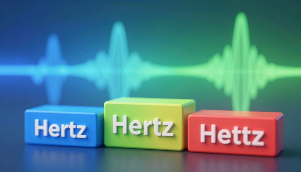 A visually striking illustration of frequency measurement units, focusing on prefixes and scaling. In the foreground, clearly labeled frequency units such as Hertz, kilohertz, megahertz, and gigahertz are depicted as distinct, labeled blocks, each rendered in a vibrant color to enhance clarity. In the middle ground, a smooth gradient background transitions from blue to green, symbolizing the range of frequencies and their scaling. Subtle waveforms representing sound and electromagnetic waves gently flow across the image. Soft, diffused lighting creates a professional atmosphere, enhancing the scientific theme. The image composition suggests depth, perhaps using a slight tilt to add dynamic interest. The overall mood is informative and engaging, inviting viewers to explore the nuances of frequency measurement.