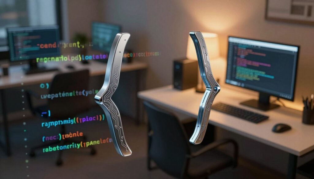 A visually striking representation of programming curly braces, prominently displayed in the foreground as a dynamic element of the composition. The braces should appear three-dimensional, with a sleek metallic finish and intricate circuitry designs etched into their surface, symbolizing the complexity of coding. In the middle ground, blurred lines of code in various programming languages create a sense of depth, hinting at a busy development environment. The background features a softly lit office space with modern technology, including computer screens filled with code and a stylish desk. Warm, ambient lighting enhances the professional atmosphere, while a high-angle perspective draws the viewer's eye to the exciting interplay of programming elements. The overall mood is one of innovation and creativity in technology.