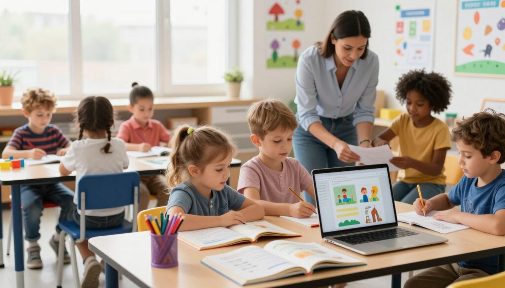 A warm, inviting classroom scene showcasing practical tips for teachers and parents in an engaging and visually appealing way. In the foreground, a neatly organized desk with colorful stationery, open books, and a laptop displaying interactive learning materials. In the middle, a diverse group of children ages 4-6, enthusiastically engaged in various activities like reading, drawing, and playing with educational toys. Their teachers, dressed in professional casual attire, actively interact with the children, offering guidance and support. The background features a bright window allowing natural light to illuminate the room, filled with educational posters and child-friendly decorations. The atmosphere is nurturing and vibrant, emphasizing collaboration and learning in preschool. A warm, inviting classroom scene showcasing practical tips for teachers and parents in an engaging and visually appealing way. In the foreground, a neatly organized desk with colorful stationery, open books, and a laptop displaying interactive learning materials. In the middle, a diverse group of children ages 4-6, enthusiastically engaged in various activities like reading, drawing, and playing with educational toys. Their teachers, dressed in professional casual attire, actively interact with the children, offering guidance and support. The background features a bright window allowing natural light to illuminate the room, filled with educational posters and child-friendly decorations. The atmosphere is nurturing and vibrant, emphasizing collaboration and learning in preschool.