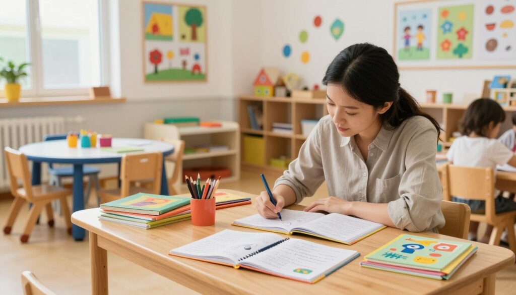 A warm, inviting scene inside a preschool classroom, featuring a wooden desk covered with a colorful journal open to pages filled with handwritten notes and colorful illustrations. In the foreground, a teacher dressed in modest casual clothing sits engaged in writing, surrounded by vibrant educational materials like books and art supplies. The middle ground includes playful educational posters on the walls and children's artwork displayed prominently. The background shows a cozy environment with small tables and chairs for children, bathed in soft, natural light coming from large windows. The atmosphere is cheerful and supportive, reflecting the essence of a nurturing learning space for young children. A warm, inviting scene inside a preschool classroom, featuring a wooden desk covered with a colorful journal open to pages filled with handwritten notes and colorful illustrations. In the foreground, a teacher dressed in modest casual clothing sits engaged in writing, surrounded by vibrant educational materials like books and art supplies. The middle ground includes playful educational posters on the walls and children's artwork displayed prominently. The background shows a cozy environment with small tables and chairs for children, bathed in soft, natural light coming from large windows. The atmosphere is cheerful and supportive, reflecting the essence of a nurturing learning space for young children.