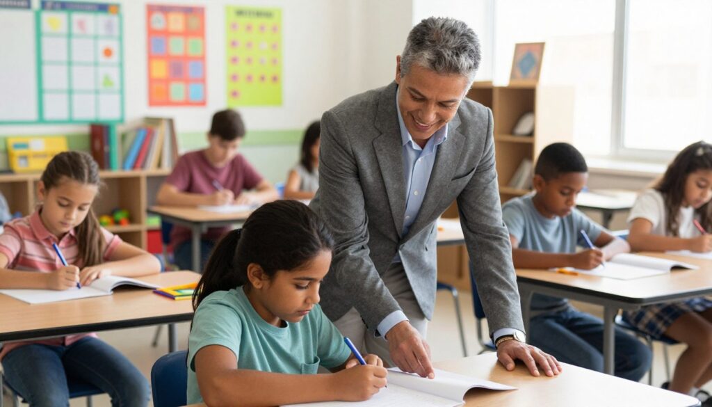 A well-dressed teacher in a classroom setting, surrounded by diverse students engaging in various activities. The foreground features the teacher, a middle-aged individual with a warm smile, wearing professional attire, actively helping a student with special needs. The middle ground shows students of different backgrounds working together on adaptive learning tasks, showcasing a supportive and inclusive environment. The background contains colorful educational posters and shelves filled with books and learning materials, contributing to a vibrant atmosphere. Soft, natural lighting pours in from large windows, creating an inviting and positive mood. The angle captures both the teacher and students, emphasizing collaboration and guidance in the classroom, reflecting the essence of the section title related to support and qualifications for the role.
