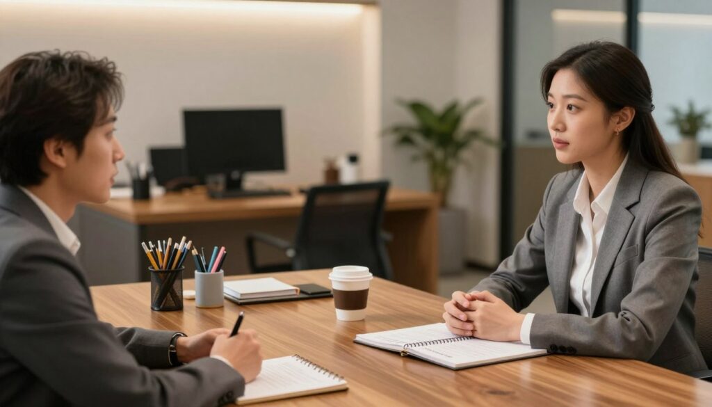 A well-lit, modern interview setting featuring a polished wooden table and two professional individuals seated across from each other, engaged in conversation. The foreground includes focused expressions on their faces, showcasing a sense of curiosity and engagement. The middle ground captures a neatly organized desk with stationery items, a notepad with sample questions, and a cup of coffee, reflecting a thoughtful preparation for the conversation. The background includes a stylishly decorated office environment with soft, warm lighting creating an inviting atmosphere. The overall mood is professional and encouraging, emphasizing the importance of the initial interview questions in setting a positive tone for the discussion. No text or logos are present.