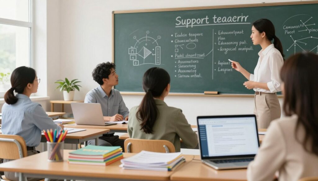 A well-organized classroom scene showcasing the key elements of a support teacher's work plan. In the foreground, a neatly arranged desk with colorful stationery, a stack of educational resources, and a laptop displaying a digital lesson plan. In the middle, a diverse group of three teachers discussing strategies, dressed in professional attire, emphasizing collaboration. Behind them, a chalkboard filled with diagrams and bullet points outlining the essential components of teaching support, like individualized education plans and assessment methods. The atmosphere is bright and inviting, with warm lighting emanating from a window, highlighting the collaborative spirit of education. The overall mood conveys professionalism, organization, and a commitment to inclusive education.