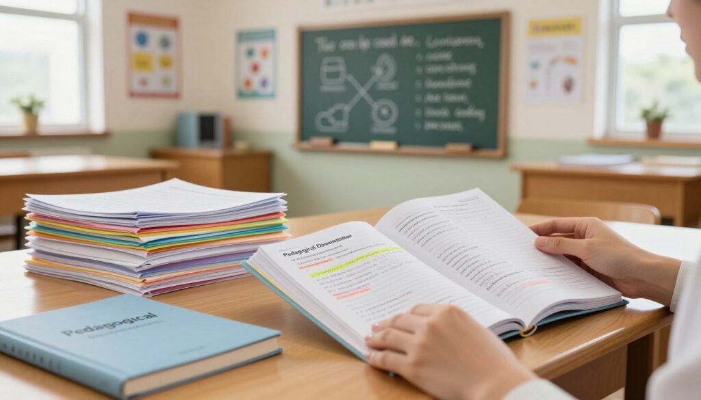 A well-organized desk in a cozy classroom, featuring a neatly arranged stack of colorful academic papers, lesson plans, and a journal labeled "Pedagogical Documentation". In the foreground, a pair of professional hands gently flips through the pages of the journal, showcasing neat handwriting and colorful highlights. In the middle, a chalkboard displays educational diagrams and motivational quotes, while educational posters adorn the walls, creating an inspiring atmosphere. The background shows soft natural light streaming through large windows, illuminating the warm wooden furniture. The overall mood is calm and focused, reflecting a dedicated educational environment. Lens focus on the hands and journal, with a shallow depth of field to blur the chalkboard and background slightly. A well-organized desk in a cozy classroom, featuring a neatly arranged stack of colorful academic papers, lesson plans, and a journal labeled "Pedagogical Documentation". In the foreground, a pair of professional hands gently flips through the pages of the journal, showcasing neat handwriting and colorful highlights. In the middle, a chalkboard displays educational diagrams and motivational quotes, while educational posters adorn the walls, creating an inspiring atmosphere. The background shows soft natural light streaming through large windows, illuminating the warm wooden furniture. The overall mood is calm and focused, reflecting a dedicated educational environment. Lens focus on the hands and journal, with a shallow depth of field to blur the chalkboard and background slightly.